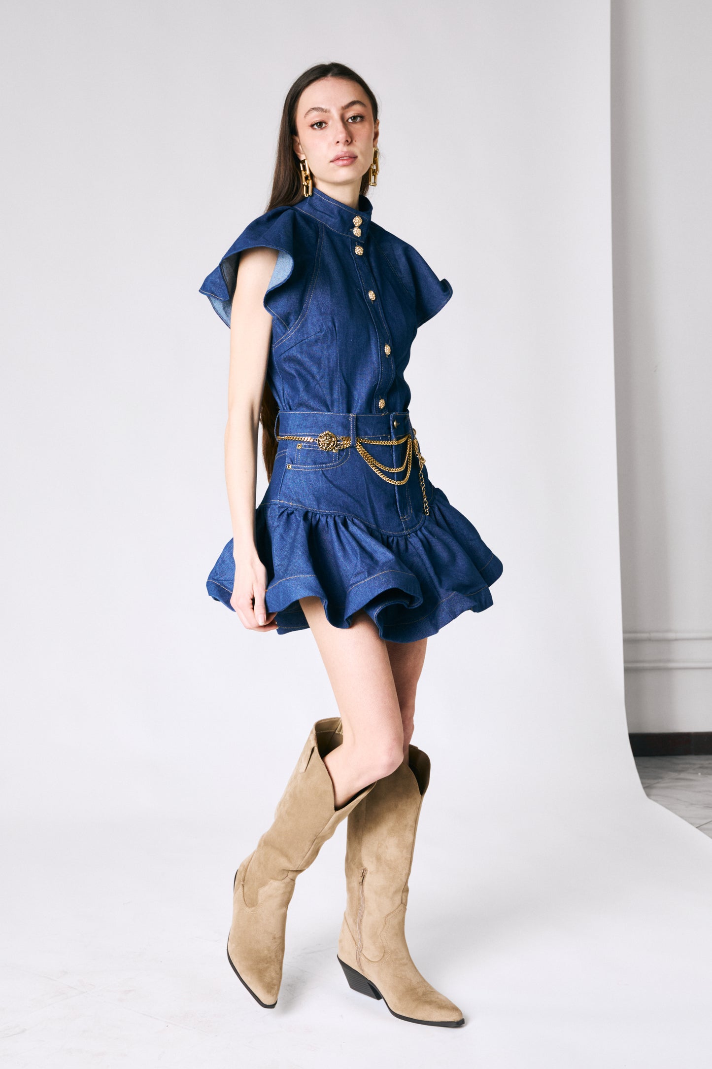 Completo denim con bottoni oro