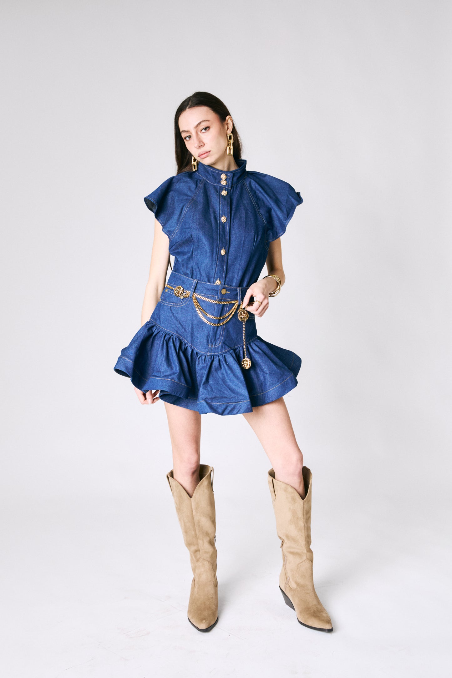 Completo denim con bottoni oro